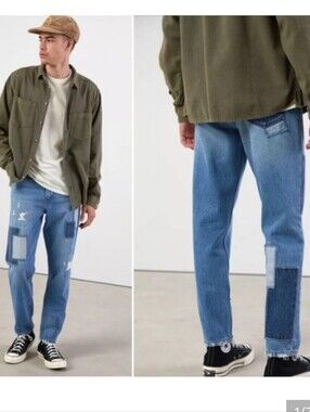 BDG Dad Slim Taper Fit Light Blue Denim Jeans Patchwork 36x34